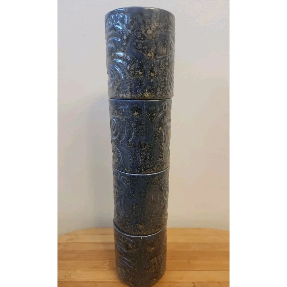 Vtg Set of 4 Tiki Mug Glass Cup Dark Blue Metallic Glaze Glossy Hawaiian Beach